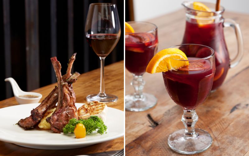 Wine and meat dish; and wine sangria