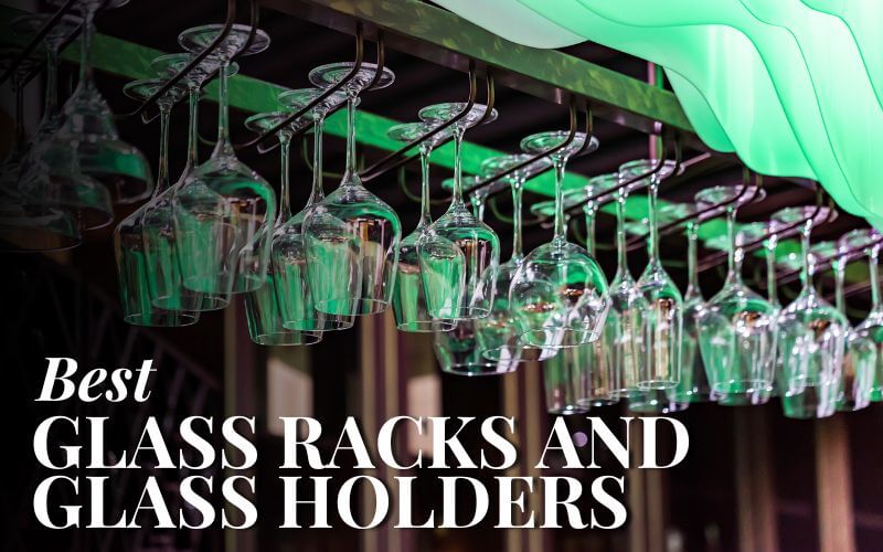 Wine glasses hanging on glass racks