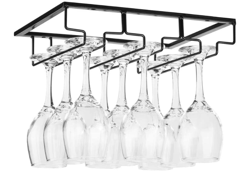 A glass rack with wine glasses