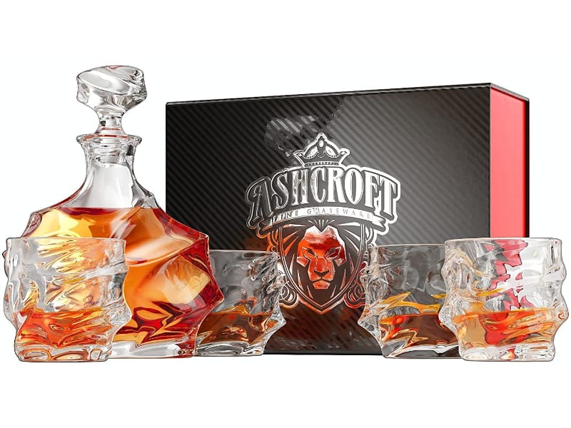 Ashcroft 5-Piece Everest Whiskey Decanter Set with whiskey and gift box