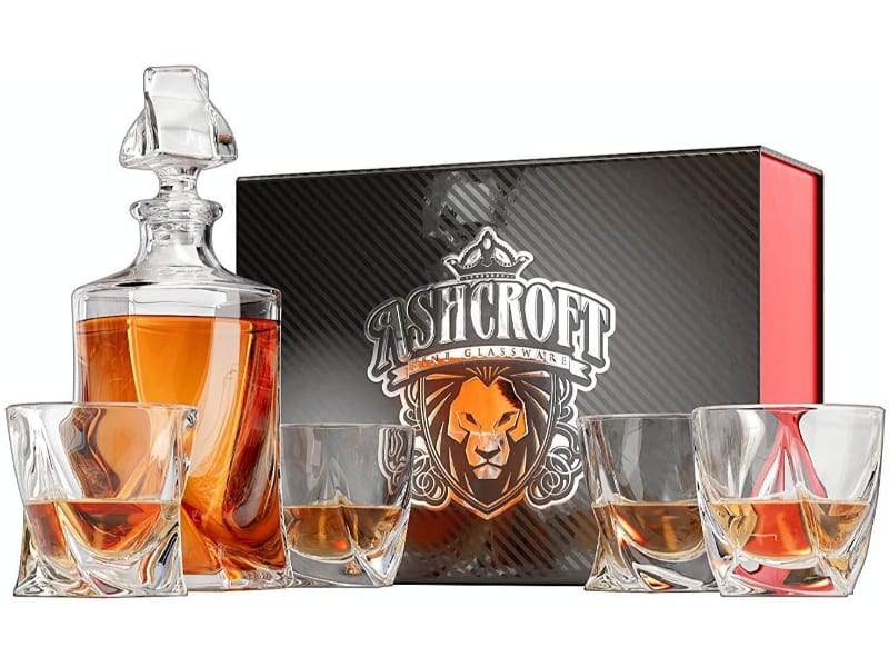 Ashcroft 5-piece Twist Bourbon Decanter Set with whiskey and a gift box