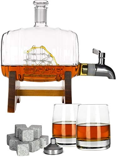 Atterstone Barrel Whiskey Decanter Set - 2 Heavy Whiskey Glasses, 9 Chilling Whisky Stones, for Liquor, Scotch, Bourbon, Whiskey, Brandy - 1000ml Decanter