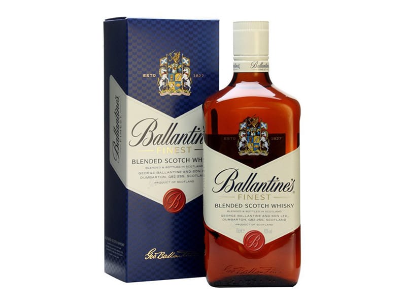 A bottle of Ballantine’s Blended Scotch Whisky with box