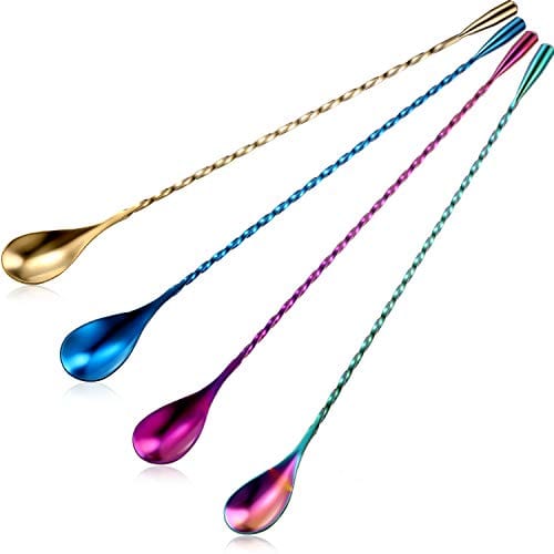 4 Pieces Cocktail Spoon Bar Stirring Spoon Long Handle Stainless Steel Spiral Pattern Cocktail Mixing Shaker Spoon, 12 Inch, 4 Colors (Multicolor, Blue, Purple, Champagne)