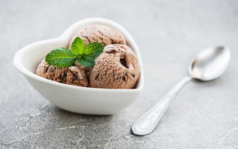 Bowl of chocolate ice cream with mint