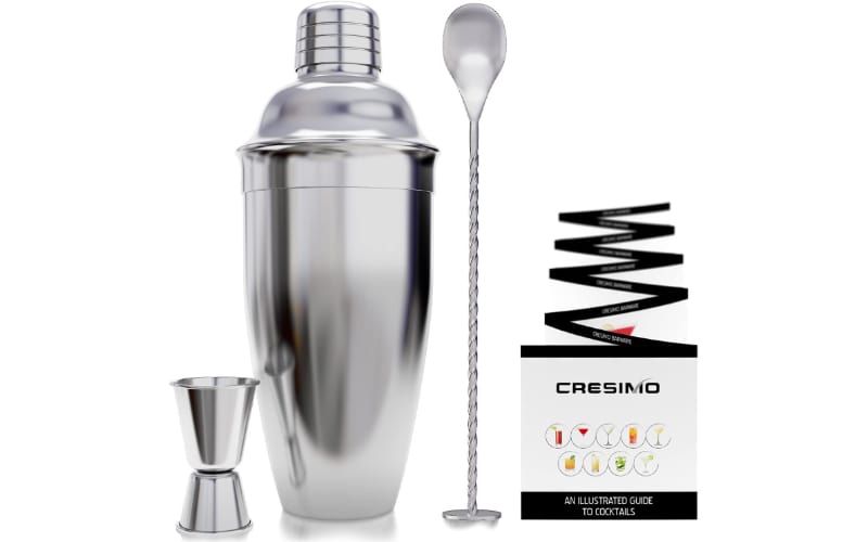 Cresimo Cocktail Shaker Set with double jigger, bar spoon, and recipe booklet