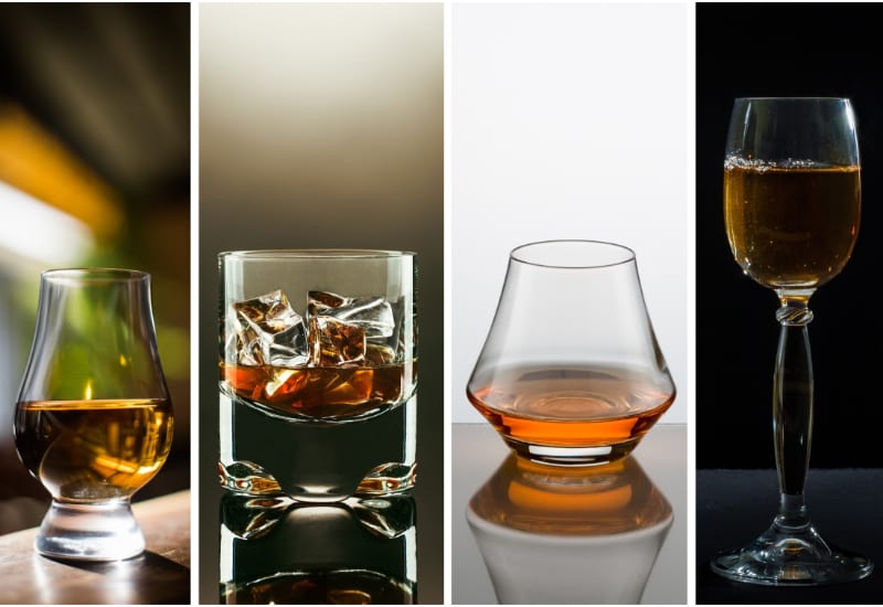 Different glasses of whiskey