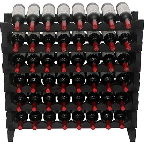 DisplayGifts Freestanding Stackable Storage Stand Display Shelves Wine Rack Wobble-Free 48 Bottle Capacity 8 X Rows, Pine Wood (Black Finish)