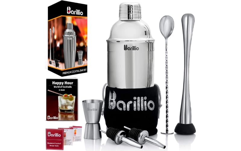 Elite Cocktail Set by Bariliio with jigger, pourers, velvet bag, and recipe book