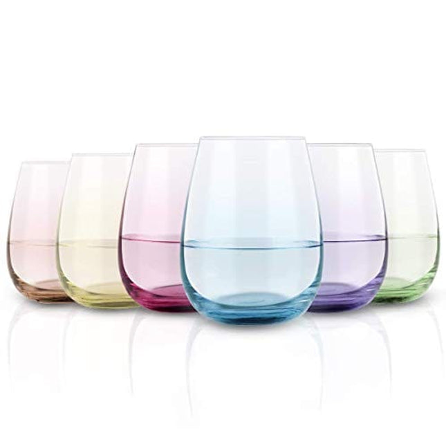 ColoVie Wine Glasses Set of 6,Colored, Stemless,Colorful Short  Tumbler,Unique Glass Cups,Versatile Drinking Glasses,Multi-Color,Red White  Wine,Cocktail,Gifts for Women,Birthday,Party,13.5oz - colovie