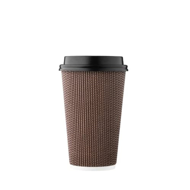 Harvest Pack 12 oz Insulated Ripple Double-Walled Paper Cup with Lid, Brown Geometric, Coffee Tea Hot Chocolate Drinks To-Go [100 Sets]