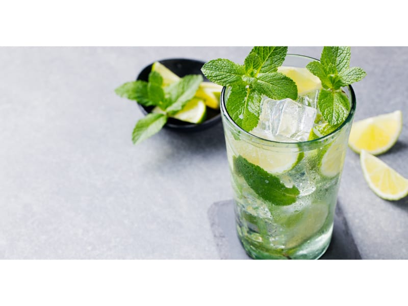 A refreshing whiskey cocktail served in a highball glass with ice and mint