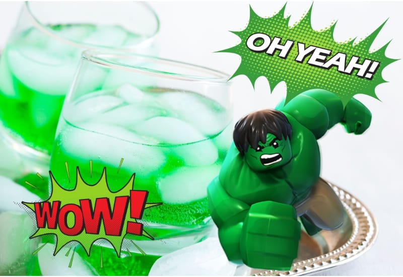 Incredible Hulk cocktails on a glass with the Incredible Hulk figurine