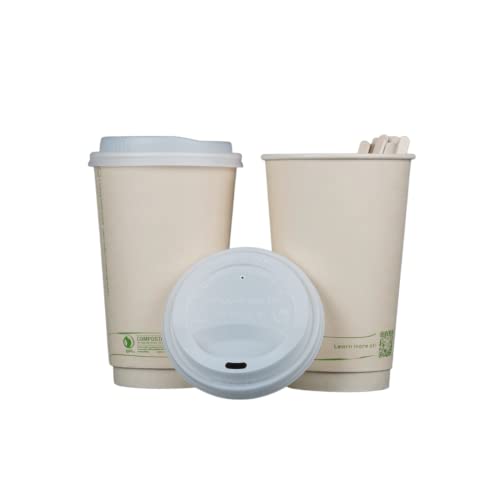 16oz Compostable Coffee Cups by Living Balance | 75 cups with cPLA Lids, Stirrers, and Integrated Sleeves