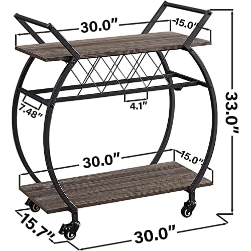 LVB Bar Cart with Wine Rack, 2 Tier Kitchen Coffee Cart on Wheels, Industrial Wood and Metal Portable Liquor Wine Cart for Home, Rustic Modern Mobile Rolling Serving Cart with Shelves, Dark Gray Oak