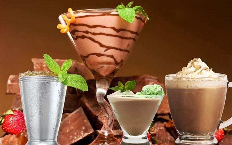 4 different Chocolate Cocktails with strawberries and cholate bars on the background