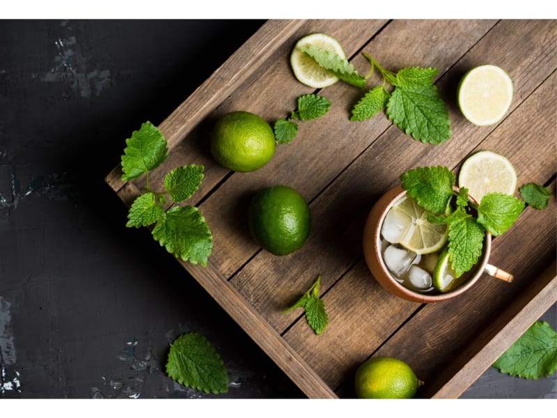 Mint Moscow Mule served on copper mugs and garnished with mint and lime slices