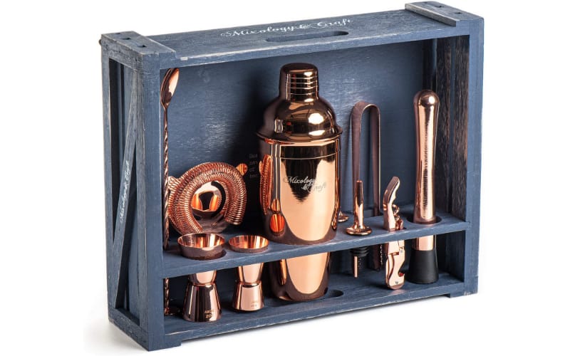 Mixology Bartender kit in a rustic wood organizer