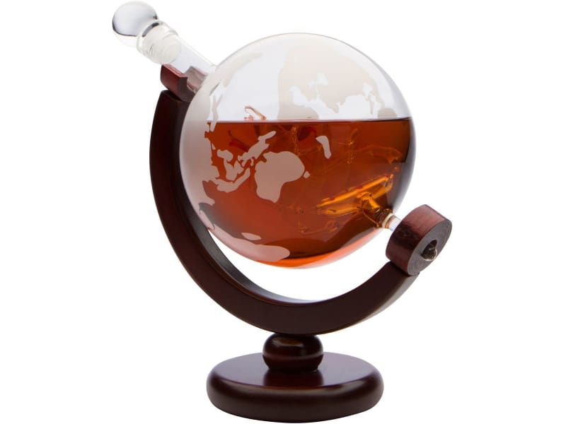 Monterey Crystal 850ml Etched Globe Whiskey Decanter with Antique Ship and Dark Finished Wood Stand