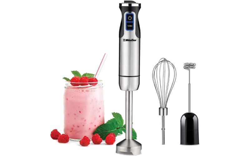 Mueller Austria Ultra-Stick Immersion Blender with a glass of smoothie