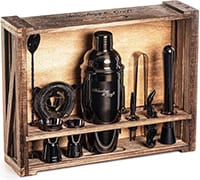 Perfect Home Bartending Kit with other bar tools stored in a wooden crate