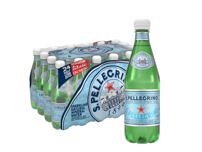 A bottle of San Pellegrino sparkling water with its nutritional facts