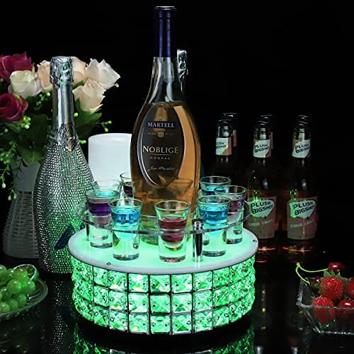 Liquor Display Stand LED Light Liquor Bottle Display Base Shot Glass Holder Tabletop Wine Display Holder for Home Bar Wedding Party Commercial Bar Counter Top (7-Color Lights, Round-DIA9.8)