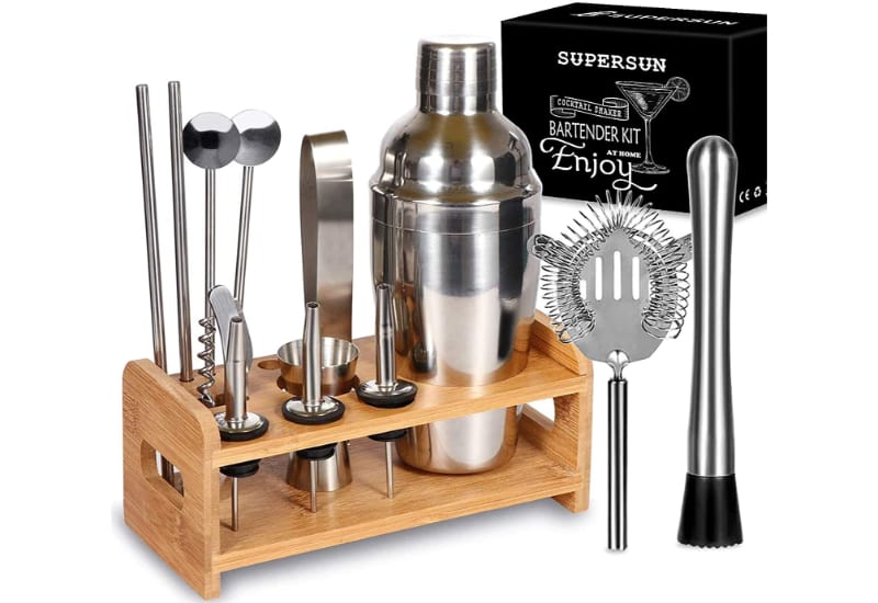 SuperSun complete bartender kit with a wooden stand and gift box