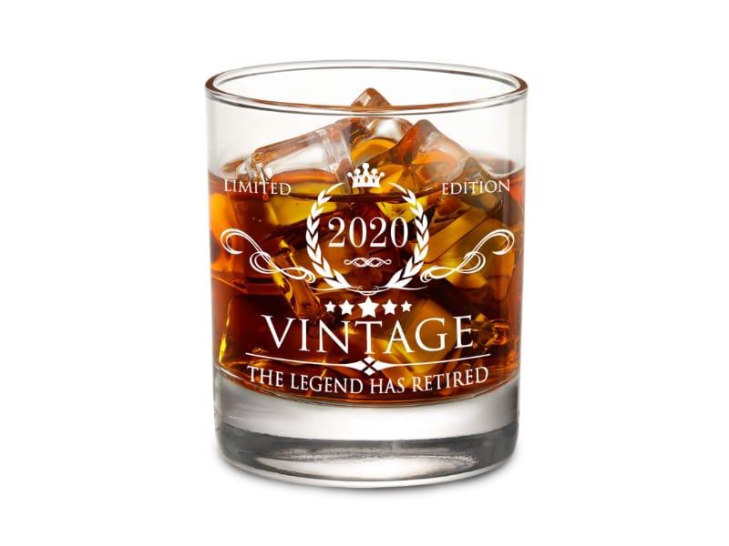 Whiskey Glass with "The Legend has Retired" label