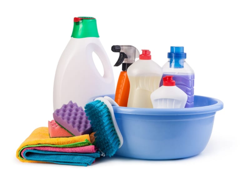 Useful cleaning tools including dishwashing soap, gloves, sponges, etc.