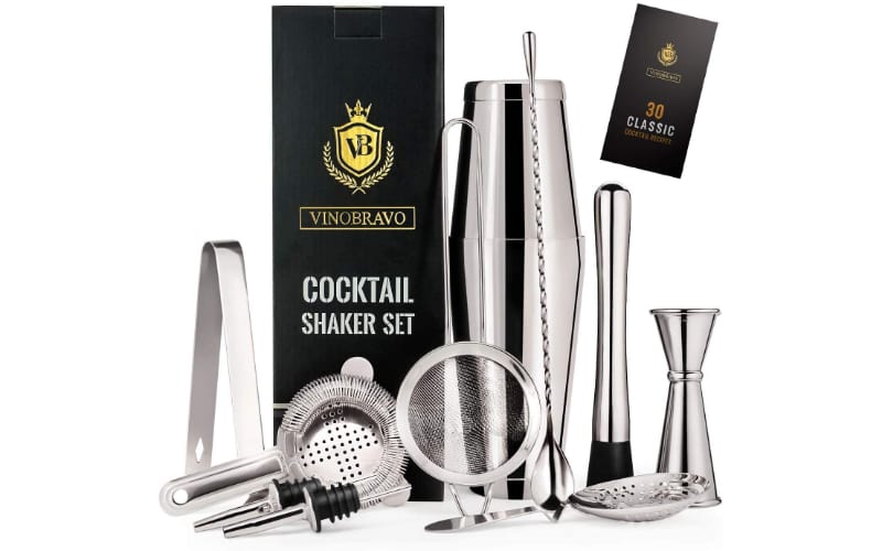 Vinobravo Boston Cocktail Shaker set with other bar tools and a gift box