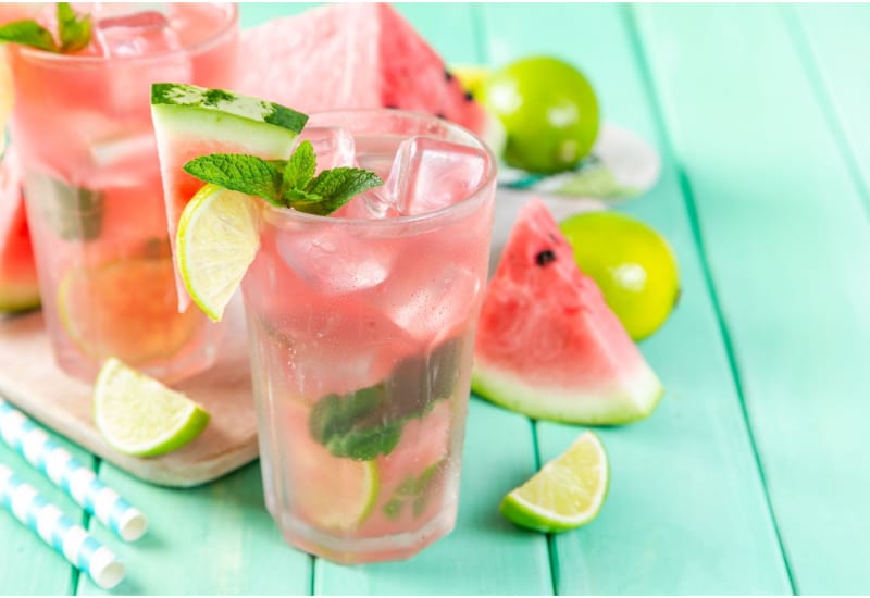 Watermelon Lemonade with Lime and Mint, Wood Background