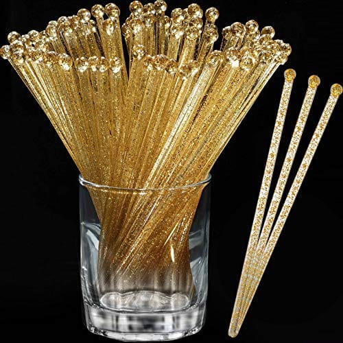 Aboat 120 Pieces 7.3 Inch Plastic Round Top Swizzle Sticks, Crystal and Gold