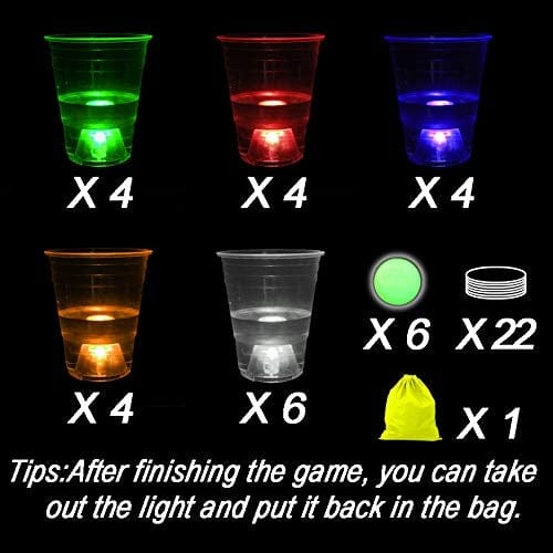 Glow in The Dark Beer Pong Set,Party Games for Beer Pong Table,22 Light up Cups(5 Colors) and 6 Glow Balls,Night Gams for Indoor Outdoor Party Event