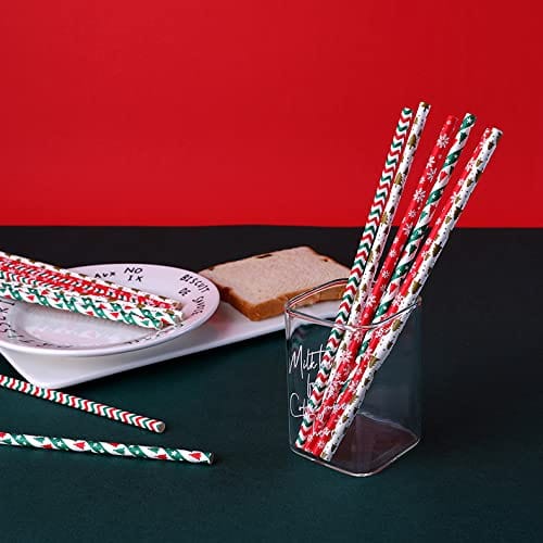 ALINK 200 Christmas Paper Straws, 8 Styles Striped Christmas Tree Snowflake Straws for Christmas Party Decorations Supplies