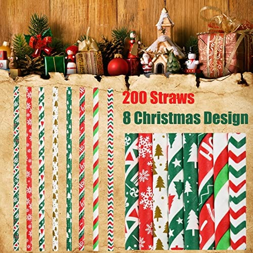 ALINK 200 Christmas Paper Straws, 8 Styles Striped Christmas Tree Snowflake Straws for Christmas Party Decorations Supplies