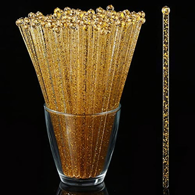 Honoson 100 Pieces Gold Cake Lolipop Sticks Disposible Plastic Cocktail  Coffee Drink Stirrers Glitter Crystal Round Top Swizzle Stir Sticks