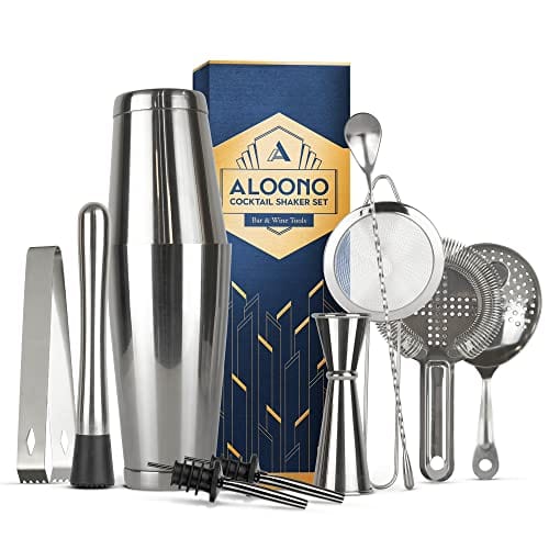 11-Piece Silver Boston Cocktail Shaker Set Bartender Kit | Drink Mixer Bar Set | Cocktail Set Bar Accessories: Martini Shaker, Strainer, Jigger, Muddler, Spoon, & More