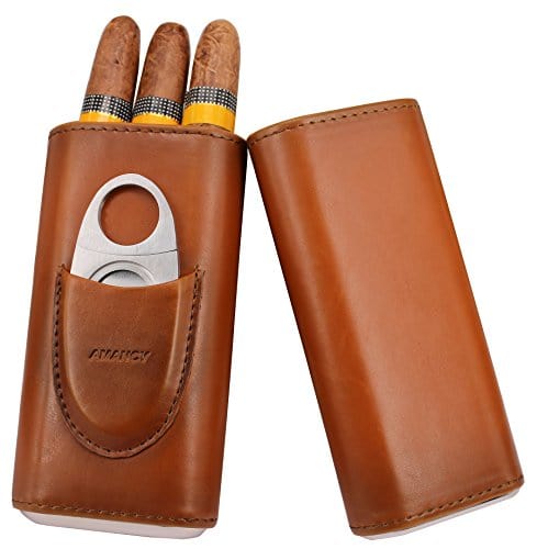 AMANCY Premium 3- Finger Brown Leather Cigar Case, Cedar Wood Lined Cigar Humidor with Silver Stainless Steel Cutter