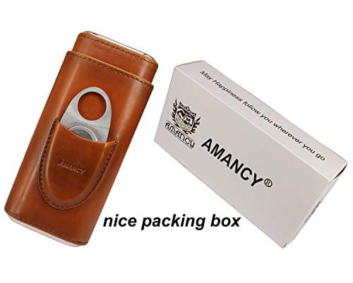 AMANCY Premium 3- Finger Brown Leather Cigar Case, Cedar Wood Lined Cigar Humidor with Silver Stainless Steel Cutter