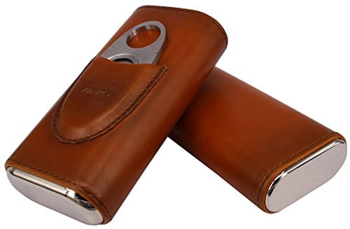 AMANCY Premium 3- Finger Brown Leather Cigar Case, Cedar Wood Lined Cigar Humidor with Silver Stainless Steel Cutter