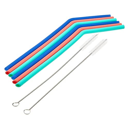 AmazonCommercial Silicone Straws and Cleaning Brushes - Set of (6) Straws and (2) Cleaning Brushes