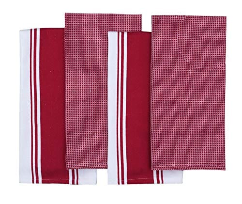 AMOUR INFINI Classic Kitchen Towels | 2 Stripe + 2 Waffle | 28 x 20 Inch, Over Sized | Multi-use Dish Towels |100% Ring Spun Premium Cotton | Highly Absorbent | Red