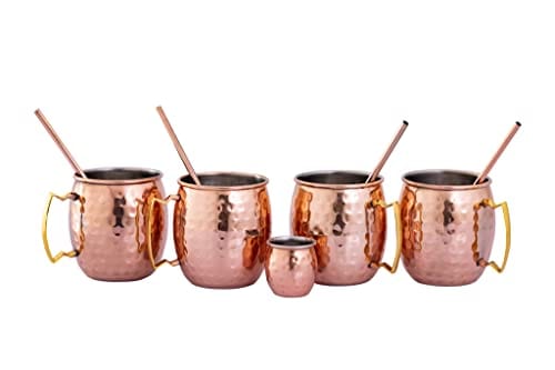 ARTISANS VILLAGE Moscow Mule Copper Mugs: Set of 4 Stainless Steel Lined Copper mugs (16 oz), 4 Straws, and a Shot glass