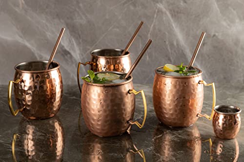 ARTISANS VILLAGE Moscow Mule Copper Mugs: Set of 4 Stainless Steel Lined Copper mugs (16 oz), 4 Straws, and a Shot glass