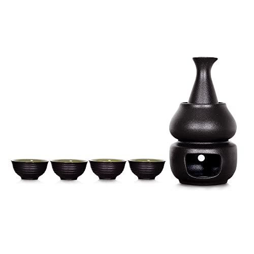 Sake Set with Warmer, KBNI Traditional Pottery Hot Saki Set 7-Piece including 1pc Candle Stove, 1pc Warming Mug, 1pc Sake Pot and 4pcs Sake Cups (Black&Green)