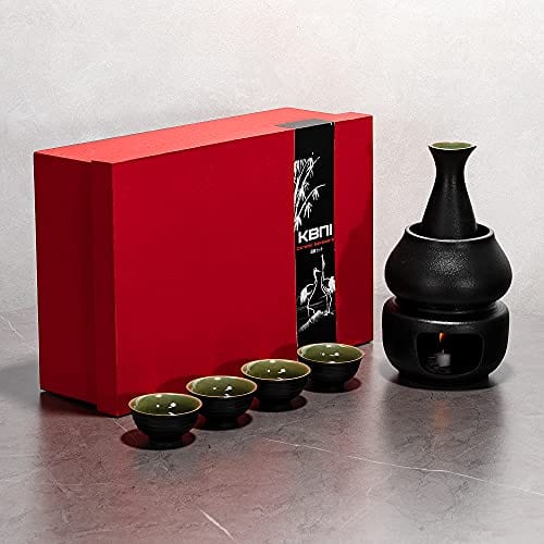 Sake Set with Warmer, KBNI Traditional Pottery Hot Saki Set 7-Piece including 1pc Candle Stove, 1pc Warming Mug, 1pc Sake Pot and 4pcs Sake Cups (Black&Green)