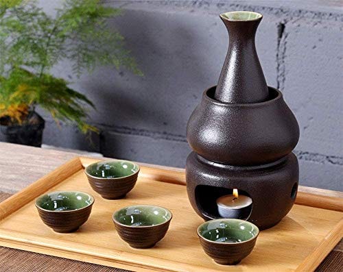 Sake Set with Warmer, KBNI Traditional Pottery Hot Saki Set 7-Piece including 1pc Candle Stove, 1pc Warming Mug, 1pc Sake Pot and 4pcs Sake Cups (Black&Green)