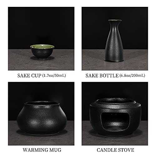 Sake Set with Warmer, KBNI Traditional Pottery Hot Saki Set 7-Piece including 1pc Candle Stove, 1pc Warming Mug, 1pc Sake Pot and 4pcs Sake Cups (Black&Green)
