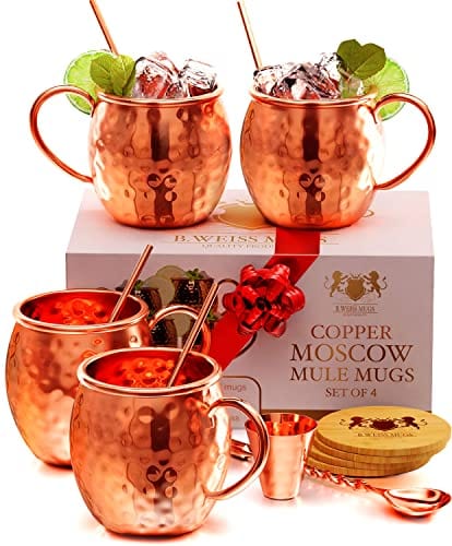 B. WEISS [CHRISTMAS GIFT SET] Moscow Mule Mugs Set+| SHOT GLASS| STRAWS| COASTERS| SPOON | Set Of 4 Pure copper Cups,16 Oz HANDCRAFTED-Premium Quality